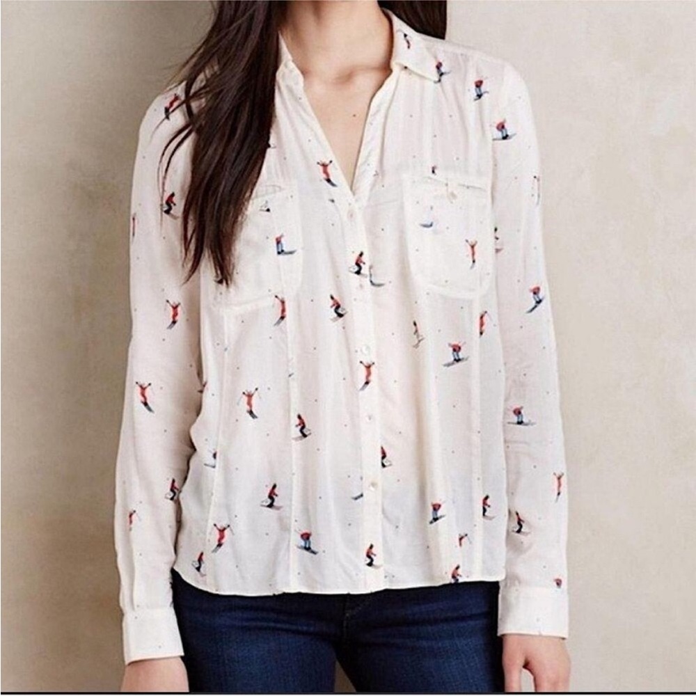 Anthropologie White Ski Print Button-Up Blouse